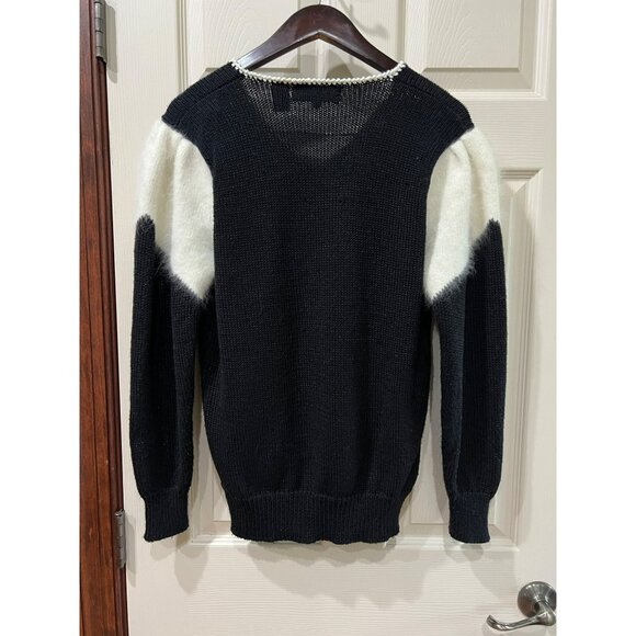 Vintage Angenie Black V-Neck Sweater Gold Embroidered Design & White Fuzzy - Picture 3 of 6
